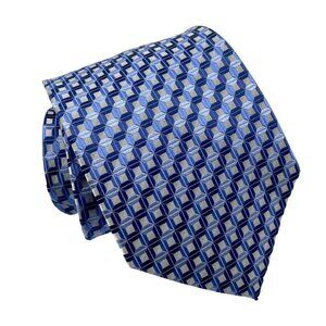 AURELIO VALENTINO 100% Silk Mens Necktie Wide Tie Blue Woven Geometric